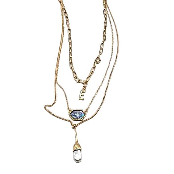 Fashion Multilayer Alloy Necklace with Iridescent & Pearl Drop Pendants - NWOT - Picture 5 of 6